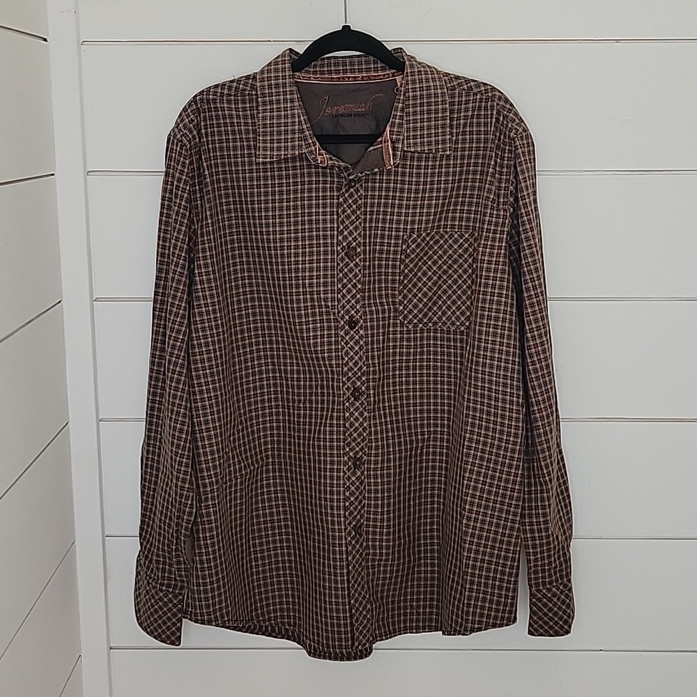 NWT Jeremiah American Legacy XL brown red grey plaid cotton button-down shirt